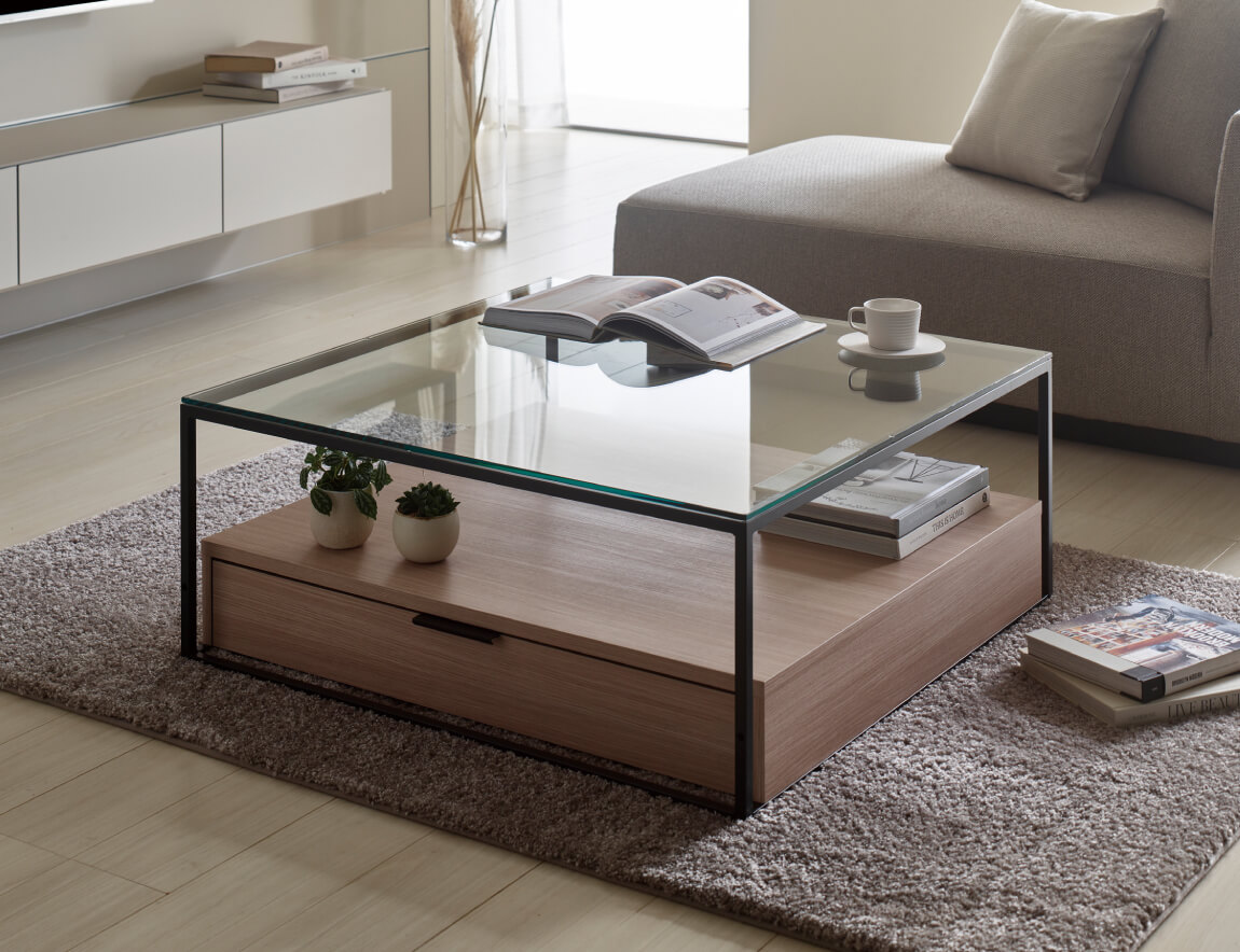 IR リビングテーブル（ガラス天板 BOX付）