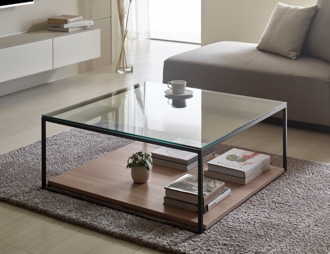 IR リビングテーブル（ガラス天板 棚板付）
